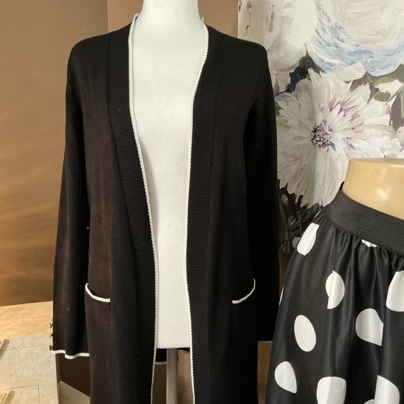 Black Cardigan Sweater With Accents of White Trim by 89th & Madison - Picture 1 of 6